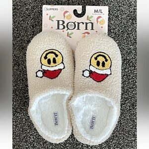 Born Tan and Cream Smiley with Santa HATS Faces Cozy Slippers